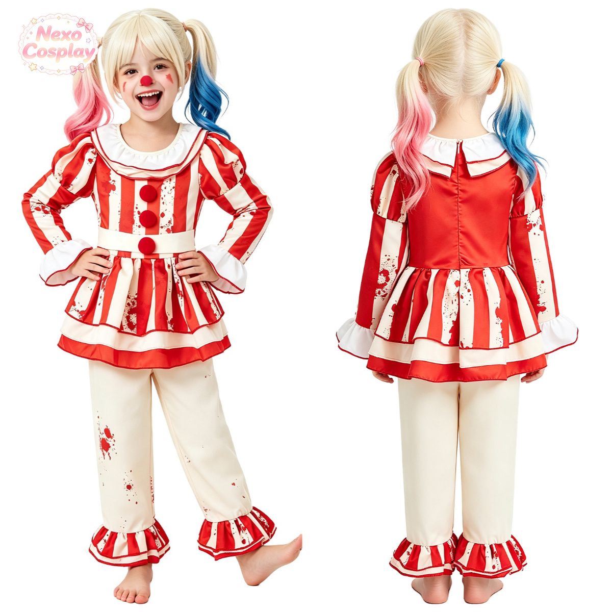 Kids Cosplay Anime - Setelan Badut Horor Bergaris Merah Putih