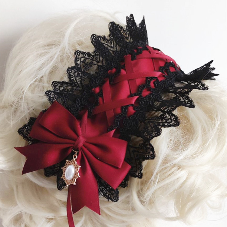 Anime Cosplay Girl With Black Hair - Ikat rambut renda Lolita Gotik merah